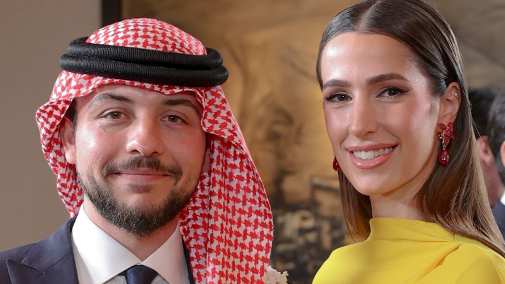 Crown Prince Hussein and his Fiancee Rajwa Al Saif at the Royal wedding of Princess Iman Bint Abdullah II and Jameel Alexander Thermiotis on March 12, 2023 in Amman, Jordan.