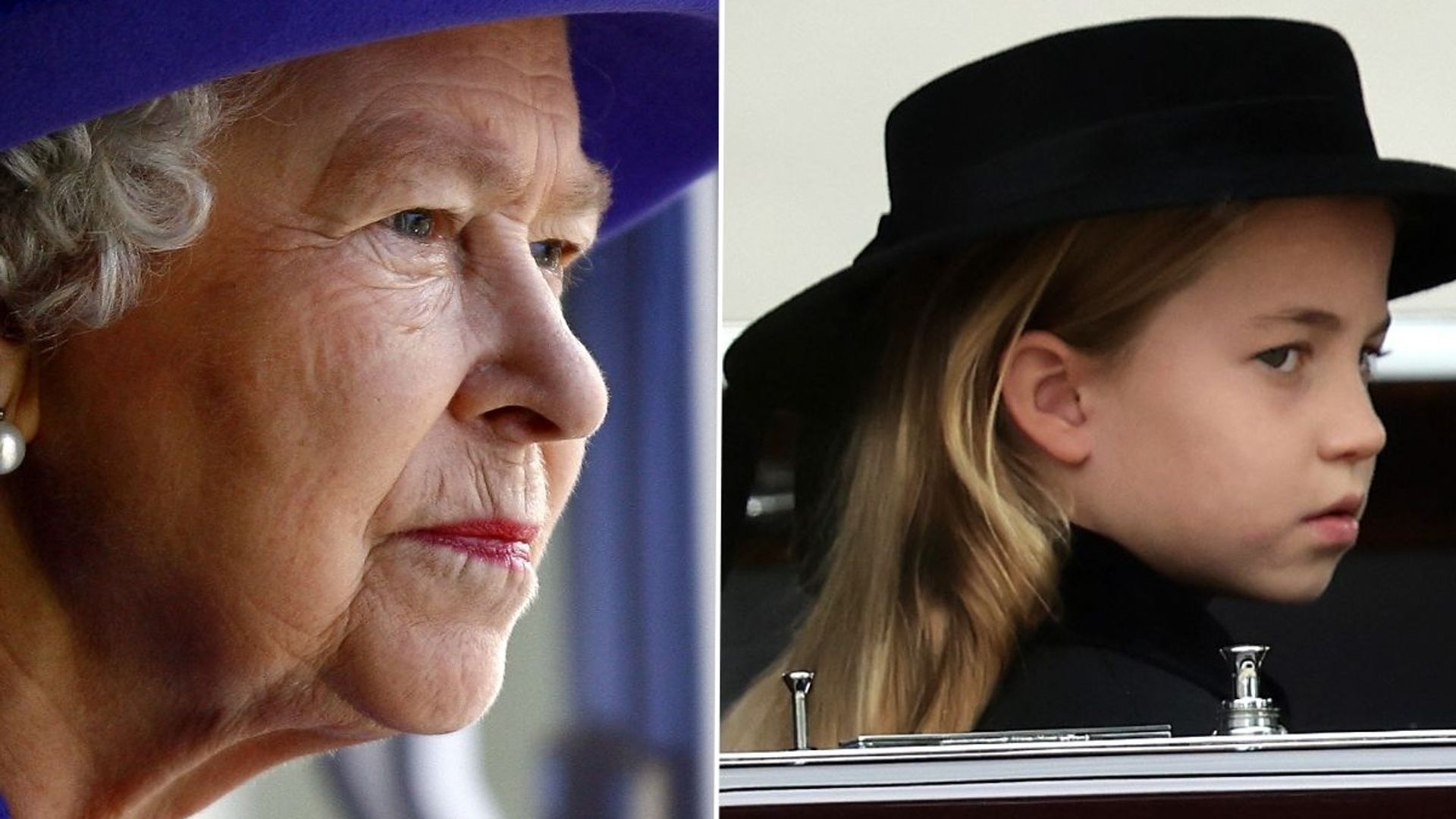 Queen Elizabeth II and Princess Charlotte looking serious