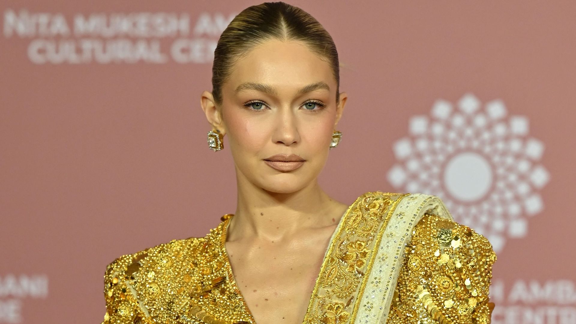 In this picture taken on April 1, 2023, US model Gigi Hadid poses for pictures during the inauguration of the Nita Mukesh Ambani Cultural Centre (NMACC) at the Jio World Centre (JWC) in Mumbai. (Photo by SUJIT JAISWAL / AFP) (Photo by SUJIT JAISWAL/AFP vi
