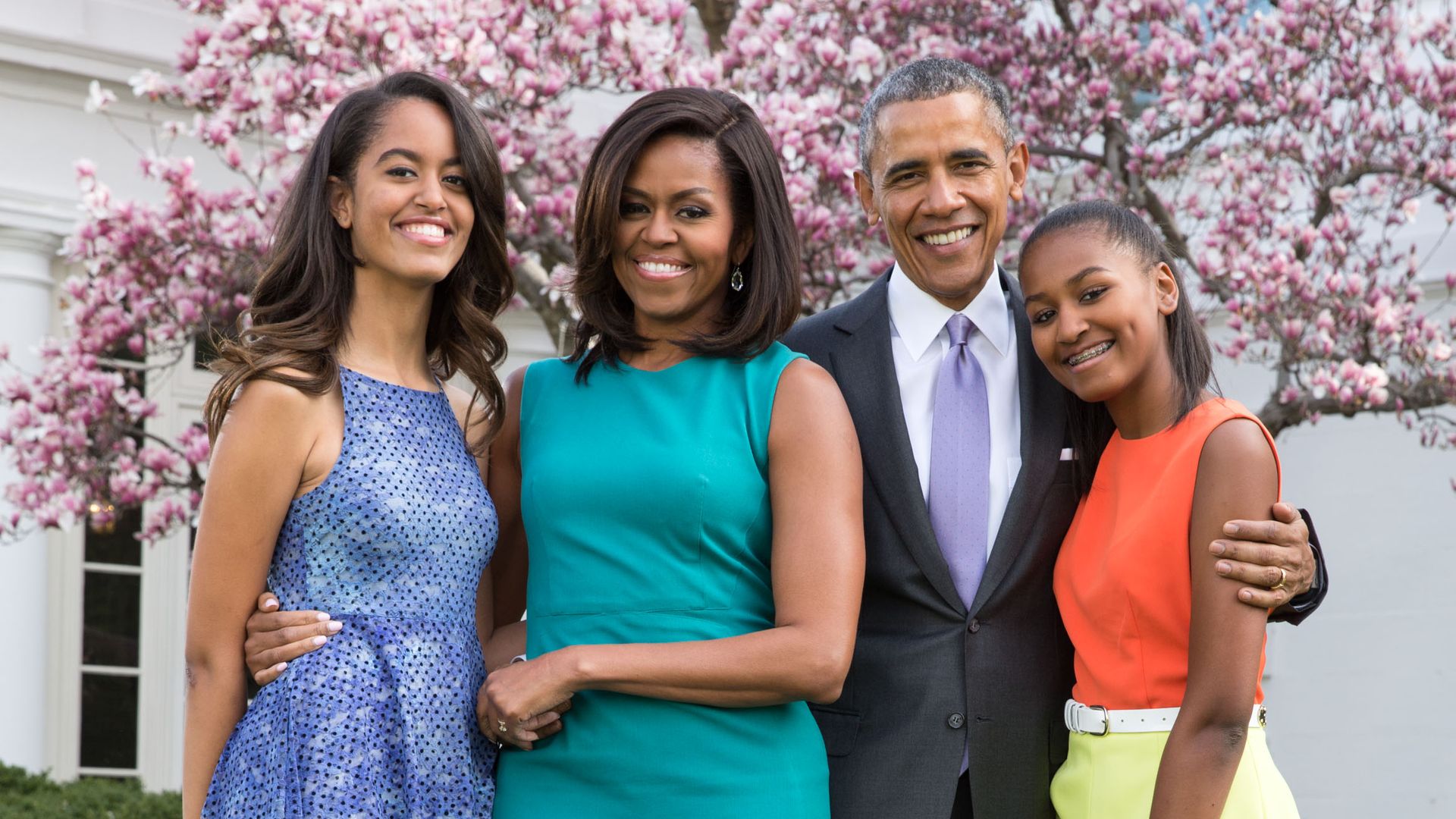 Michelle and Barack Obama's daughters Malia and Sasha appear in