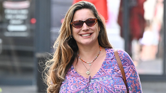 Kelly Brook is seen leaving Global Studios on August 8, 2024 in London, United Kingdom. 