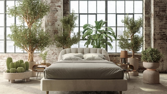 Environmentally Friendly Bedroom With Front View Of  Bed, Green Plants And Brick Wall