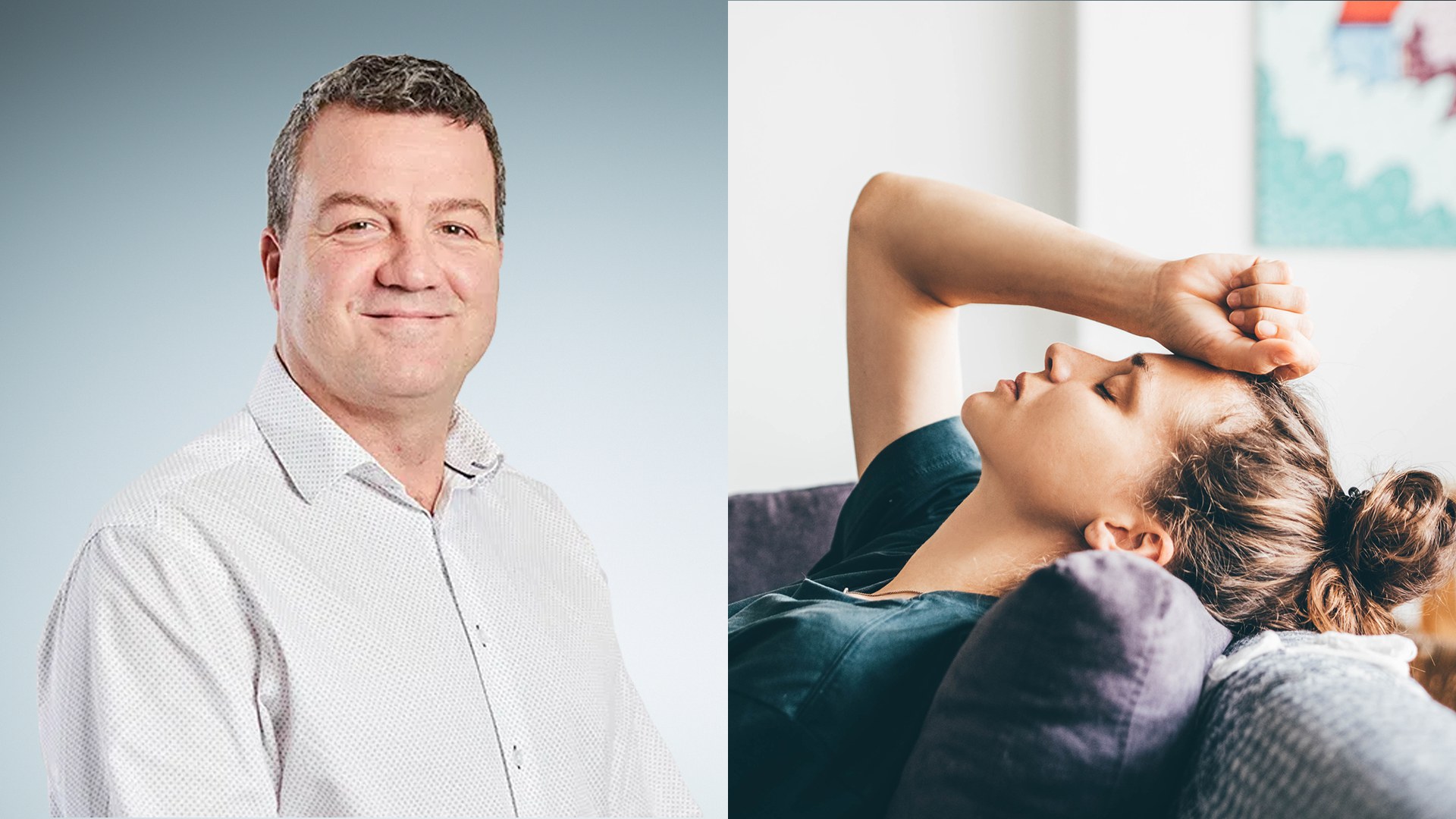 split image showing dr daniel atkinson and stock image of woman lying on couch holding head