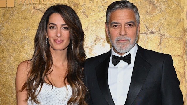 Amal Clooney and husband US actor George Clooney arrive for The Albies hosted by the Clooney Foundation at the New York Public Library in New York City on September 28, 2023