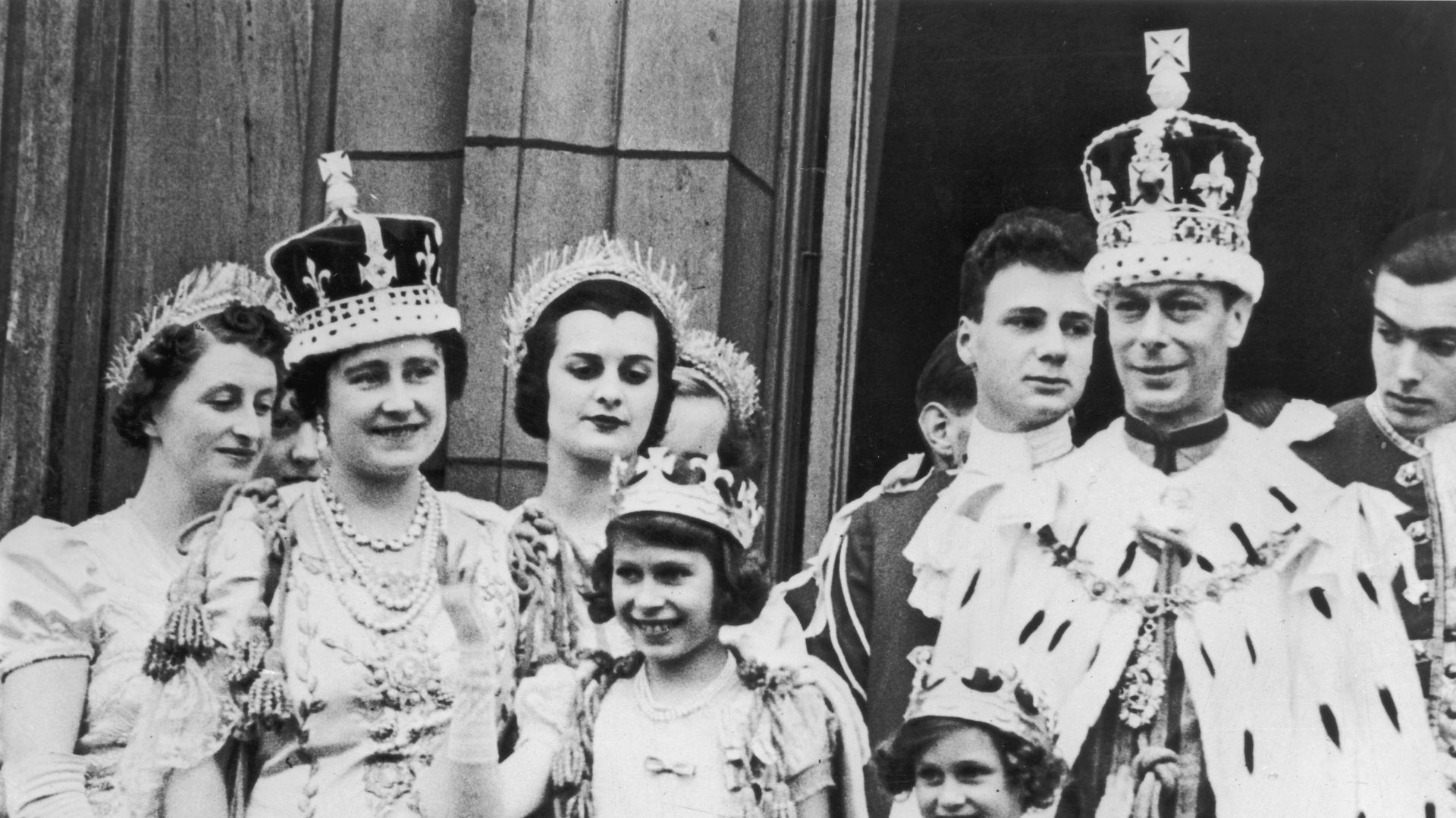 The Queen Mother, the Queen, Princess Margaret and King George VI on the Buckingham Palace balcony after the latter's coronation