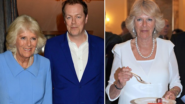 Queen Camilla eating and posing with her son Tom Parker Bowles