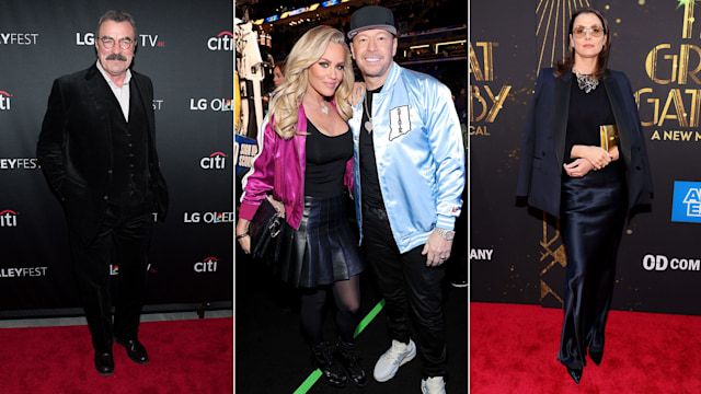 Split image of Tom Selleck / Donnie Wahlberg and Jenny McCarthy/ Bridget Moynahan on the red carpet