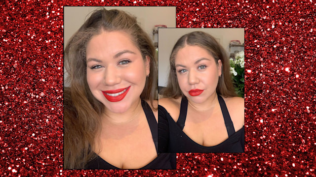 Double photo of lydia with red lipstick