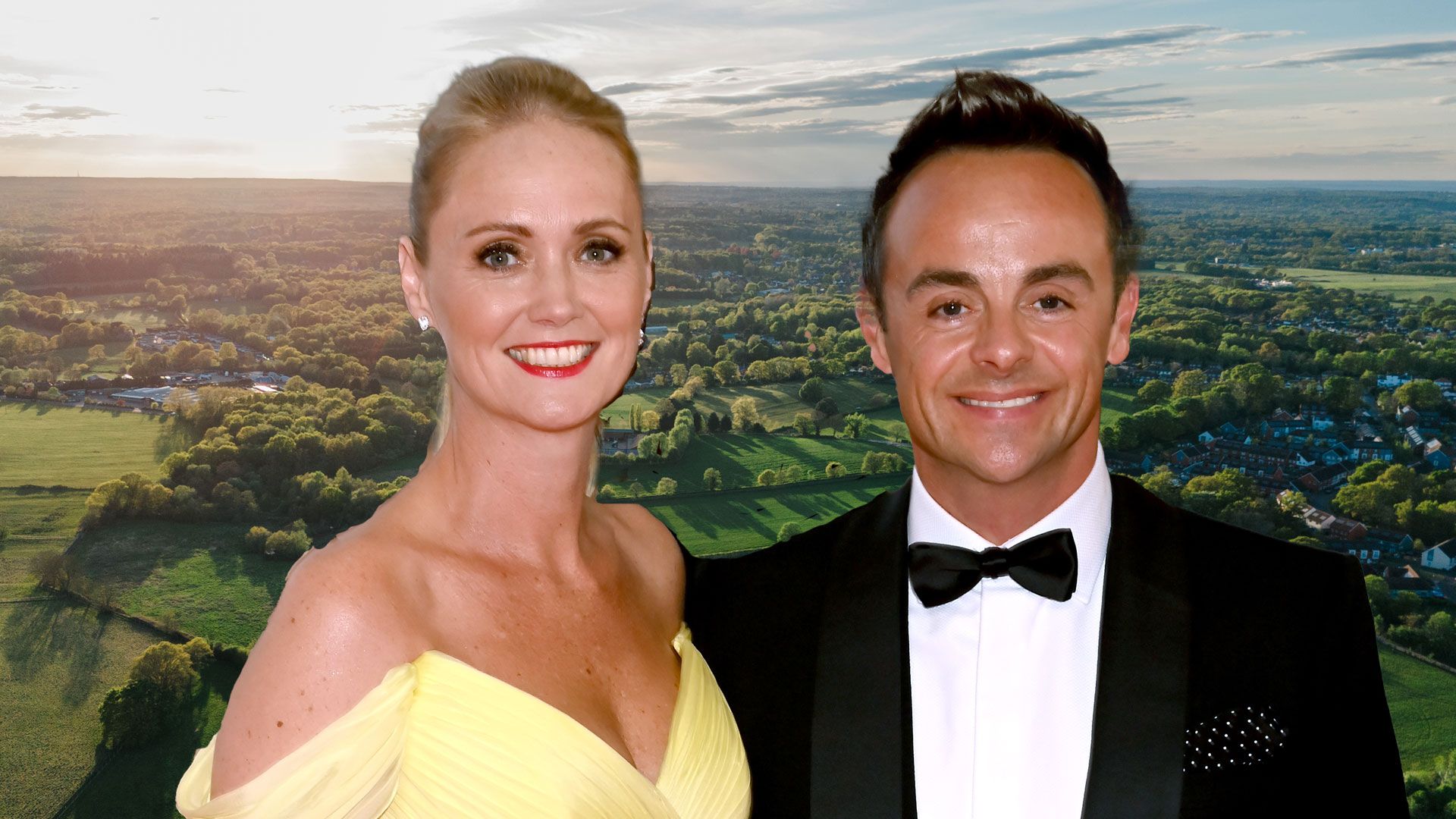 Ant McPartlin and wife over aerial view of surrey hills