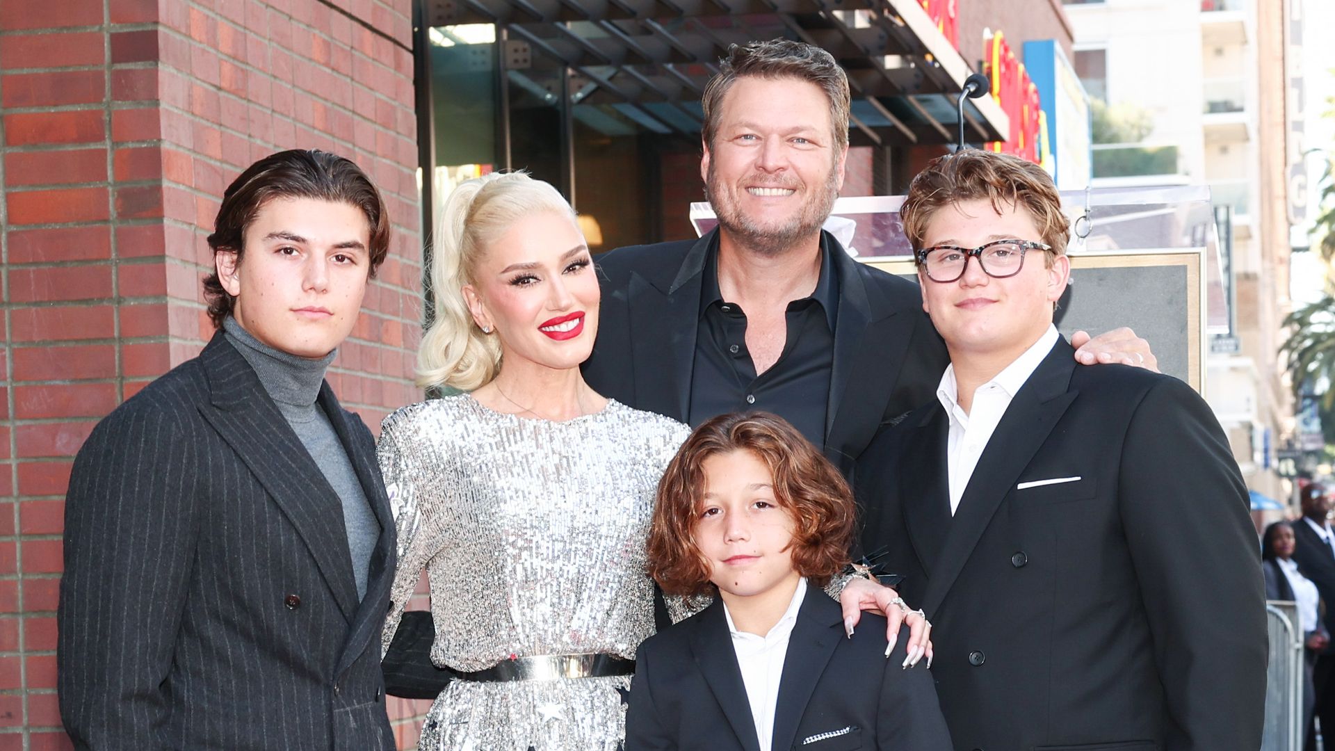 Kingston Rossdale, Gwen Stefani, Apollo Rossdale, Blake Shelton and Zuma Rossdale at the star ceremony where Gwen Stefani is honored with a star on the Hollywood Walk of Fame in Los Angeles, California on October 19, 2023.