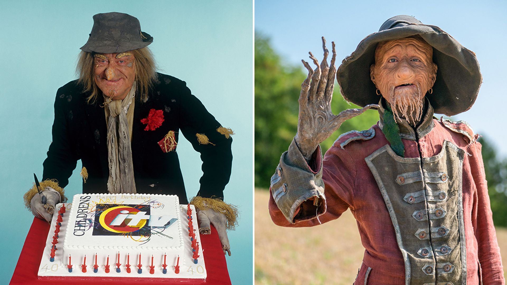 A split image of both versions of Worzel Gummidge