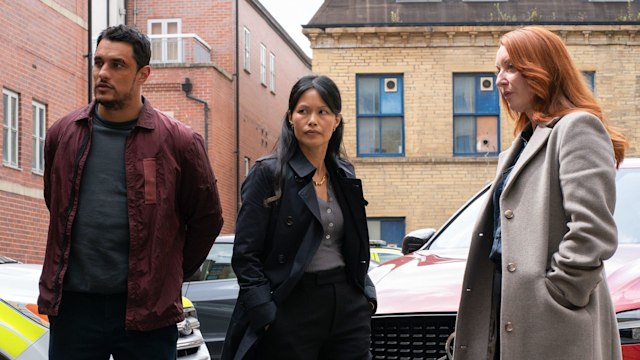 Harry Virdee (STAZ NAIR); Rebecca Armitage (ELAINE TAN);  DS Clare Conway (ELIZABETH BERRINGTON) in Virdee