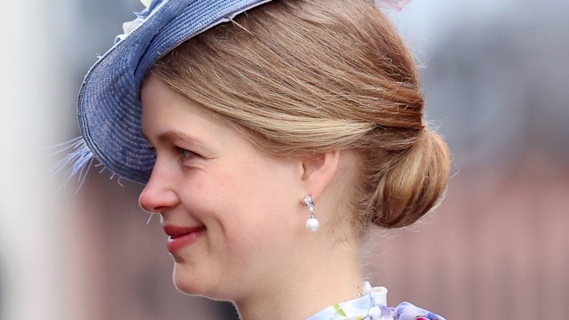 Lady Louise Windsor side profile in blue hat