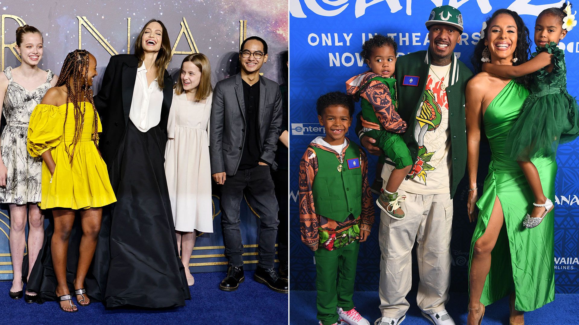 Angelina Jolie with her kids beside photo of Nick Cannon with three kids and their mom