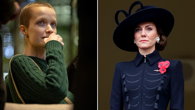 Split image of Liz Hatton in green jumper and Kate Middleton in black outfit