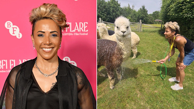 Dame Kelly Holmes shoulders up split with photo of kelly outside hosing down her alpacas