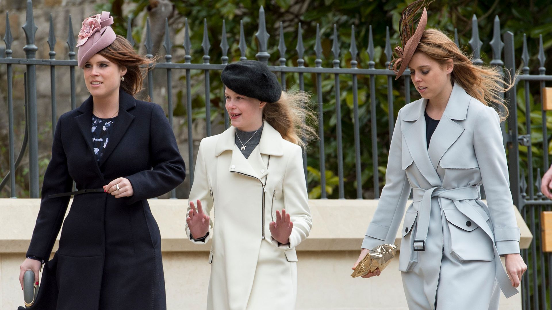 Princess Eugenie and Princess Beatrice with Lady Louise Windsor as they attend the Easter Sunday Service at St George's Chapel in 2016 