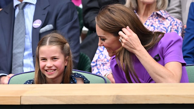 Princess Charlotte of Wales and Catherine, Princess of Wales court-side of Centre Court during the men's final on day fourteen of the Wimbledon Tennis Championships at the All England Lawn Tennis and Croquet Club