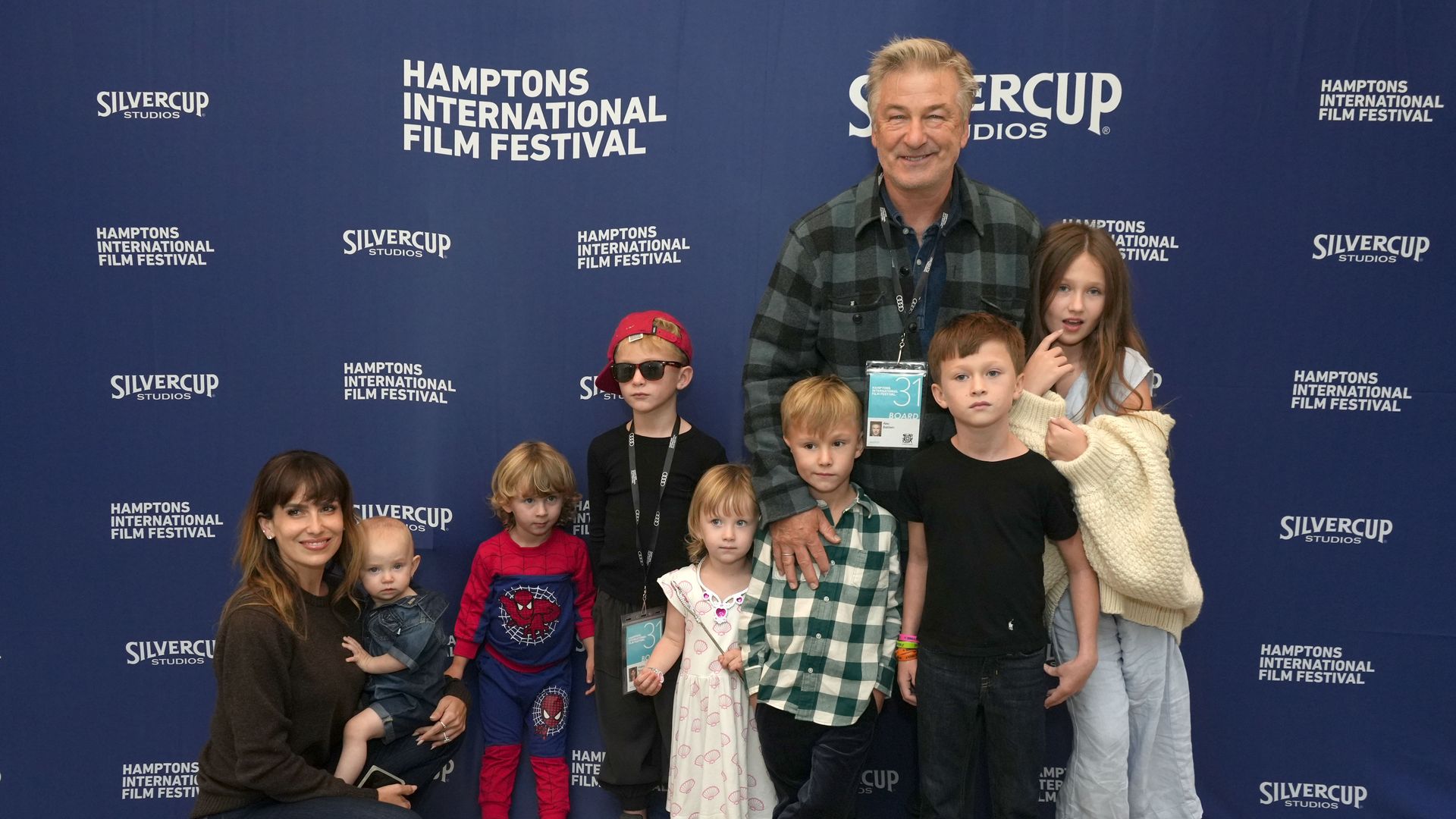 Alec Baldwin and his wife Hilaria Baldwin and their children at the 2023 Hamptons International Film Festival