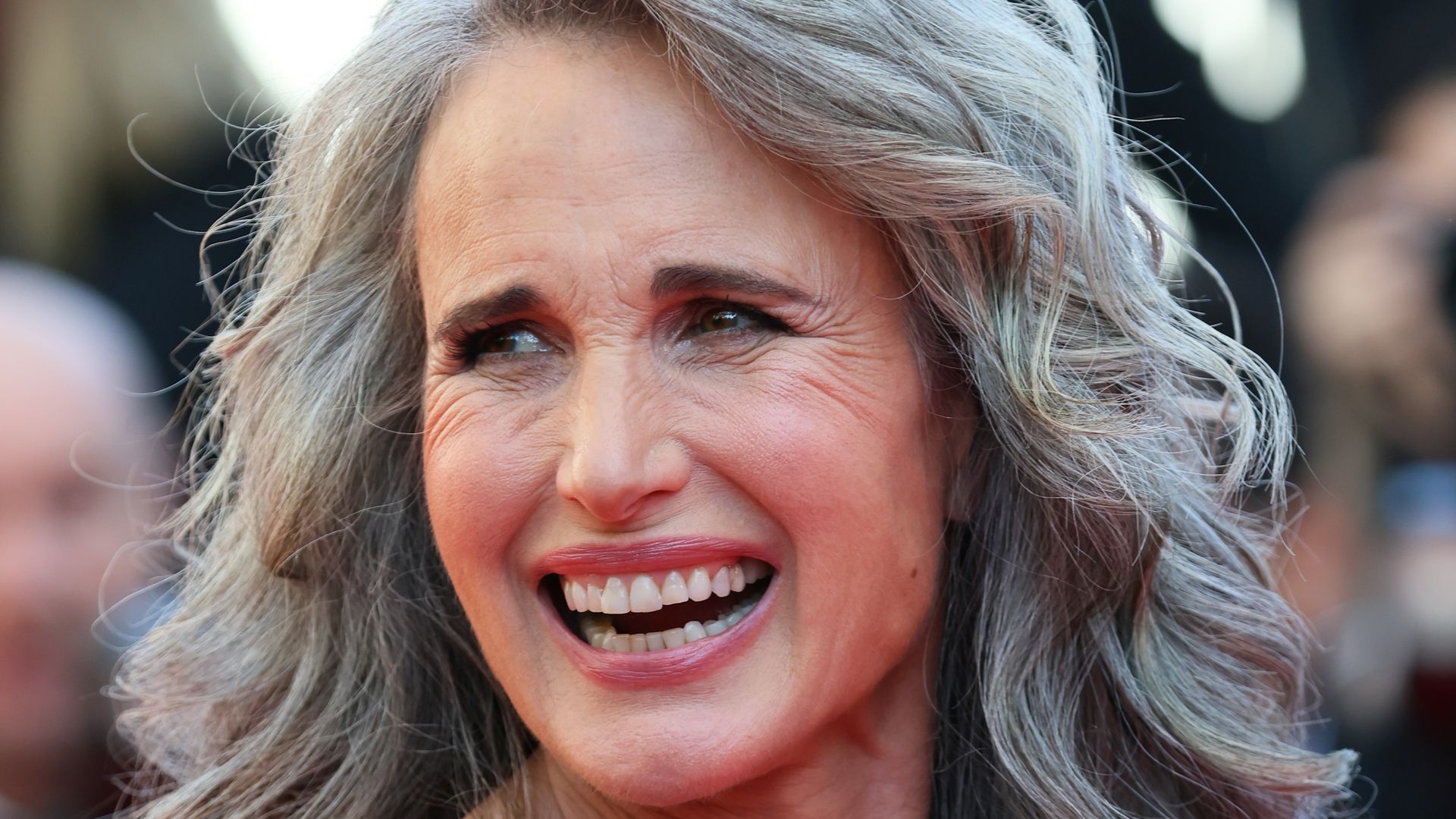 Andie MacDowell smiling in grey dress