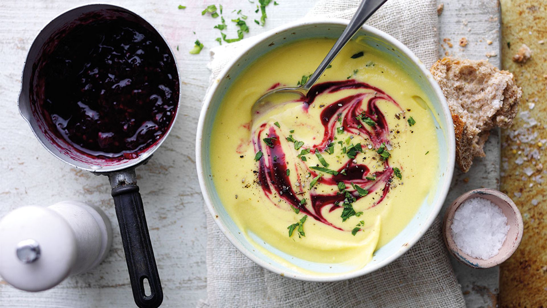 roasted sweet potato soup with blackberry