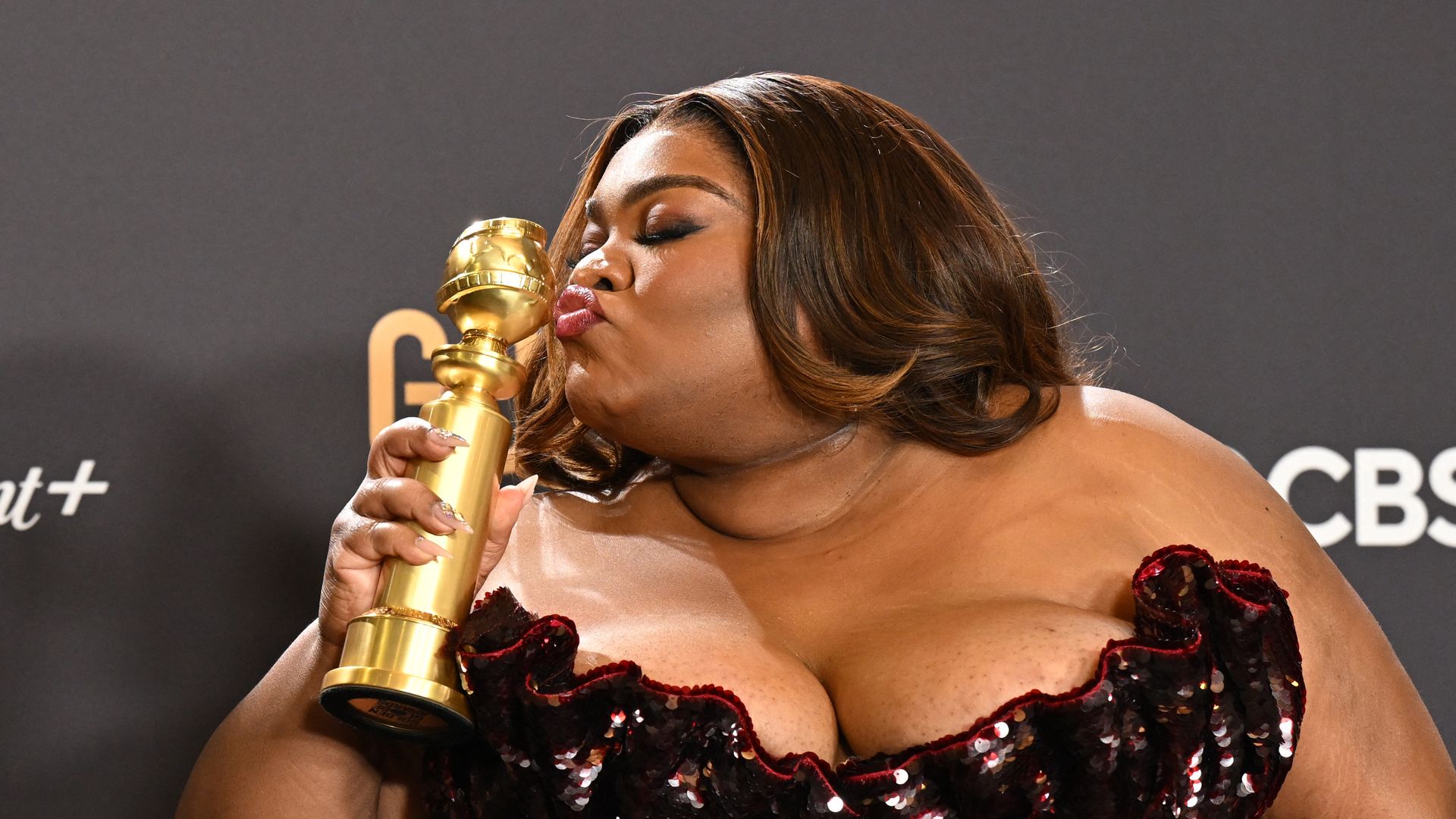 US actress Da'Vine Joy Randolph poses with the award for Best Performance by a Female Actor in a Supporting Role in any Motion Picture for "The Holdovers" in the press room during the 81st annual Golden Globe Awards at The Beverly Hilton hotel in Beverly Hills, California, on January 7, 2024.