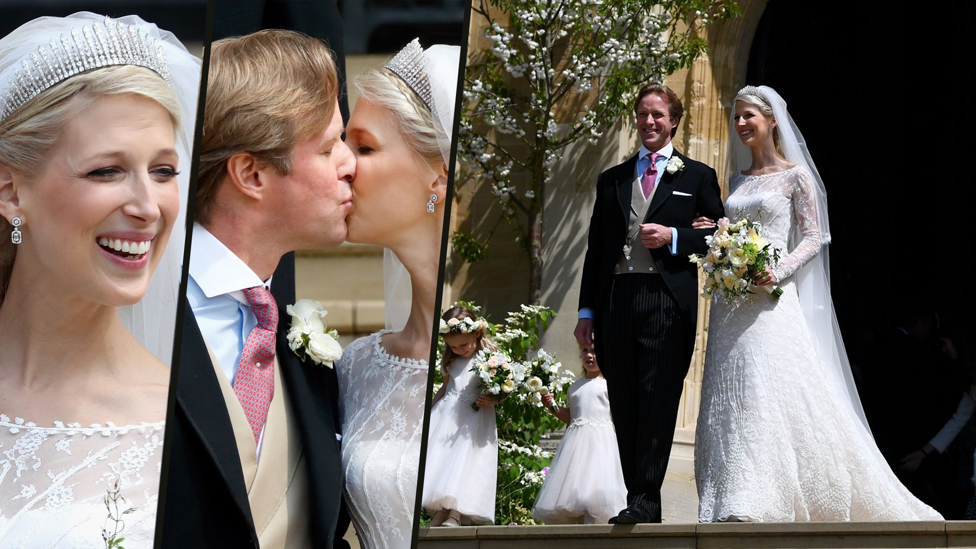Lady Gabriella Windsor smiling and kissing her husband Thomas Kingston on their wedding day