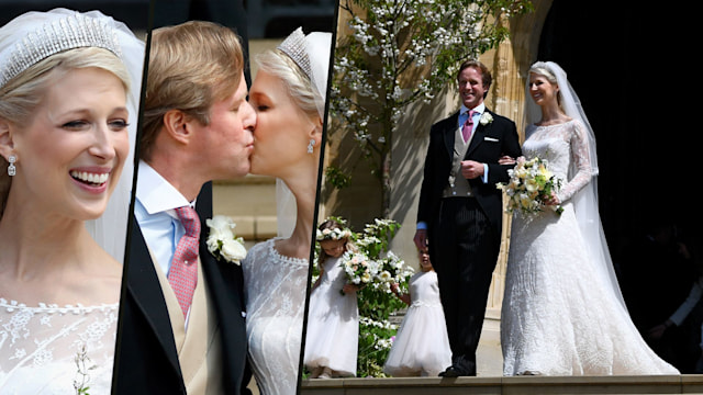 Lady Gabriella Windsor smiling and kissing her husband Thomas Kingston on their wedding day