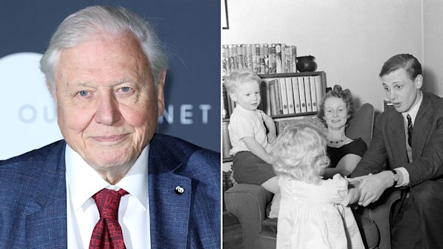 Split image of David Attenborough and black-and-white photo of him with his family