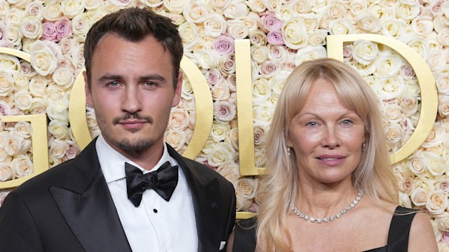 Pamela Anderson and her son Brandon during the 82nd Annual Golden Globes held at The Beverly Hilton on January 05, 2025 in Beverly Hills, California.