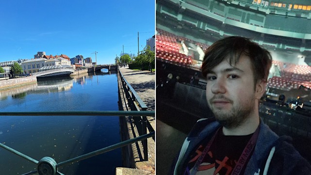 Split image of Malmo river and Matthew Moore in an arena