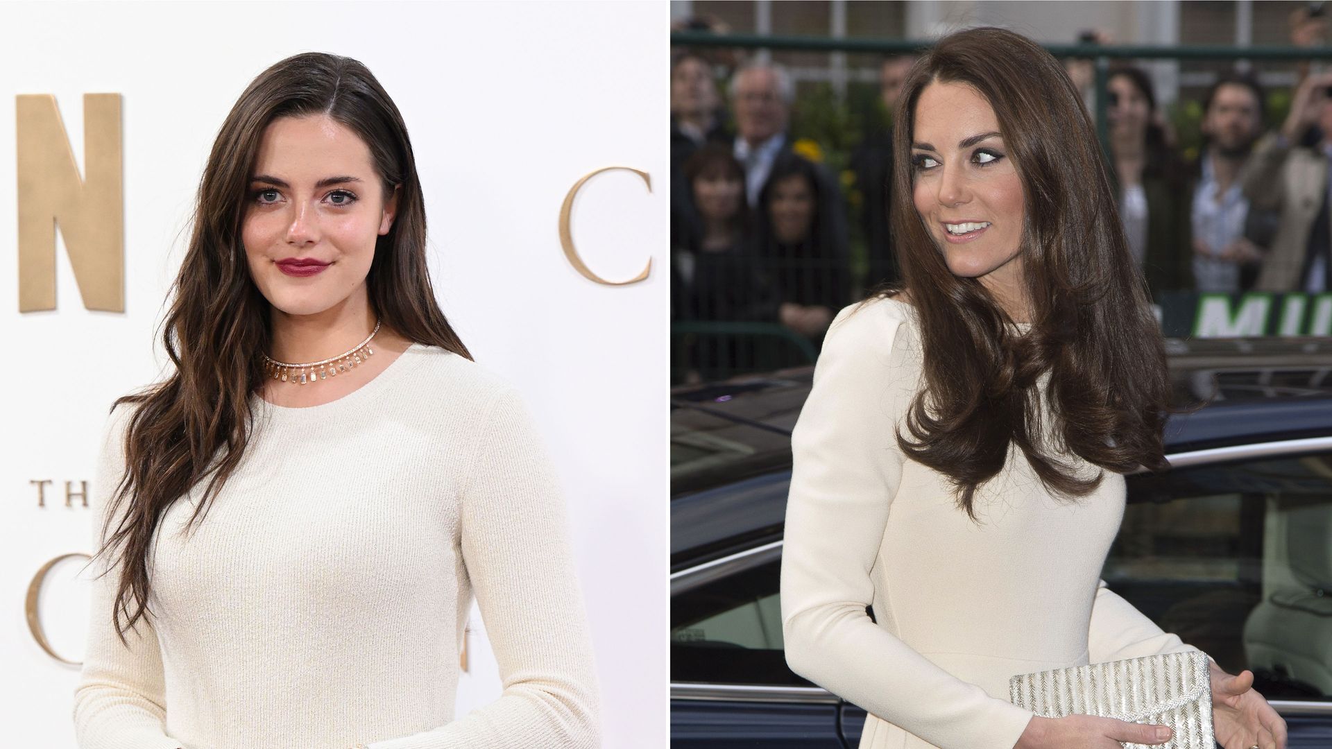 The Crown's Meg Bellamy and Kate Middleton wearing identical dresses