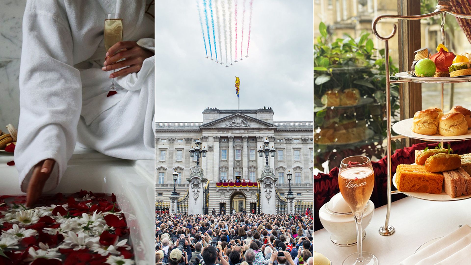 Split image of a woman dipping her hand into a petal-filled bath, a birds-eye shot of Buckingham Palace and a photograph of an afternoon tea