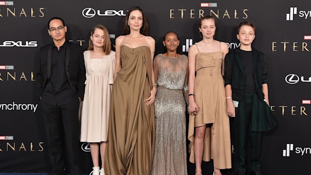 Maddox Jolie-Pitt, Vivienne Jolie-Pitt, Angelina Jolie, Zahara Jolie-Pitt, Shiloh Jolie-Pitt and Knox Jolie-Pitt attend the Los Angeles Premiere of Marvel Studios' "Eternals" on October 18, 2021 in Los Angeles, California.