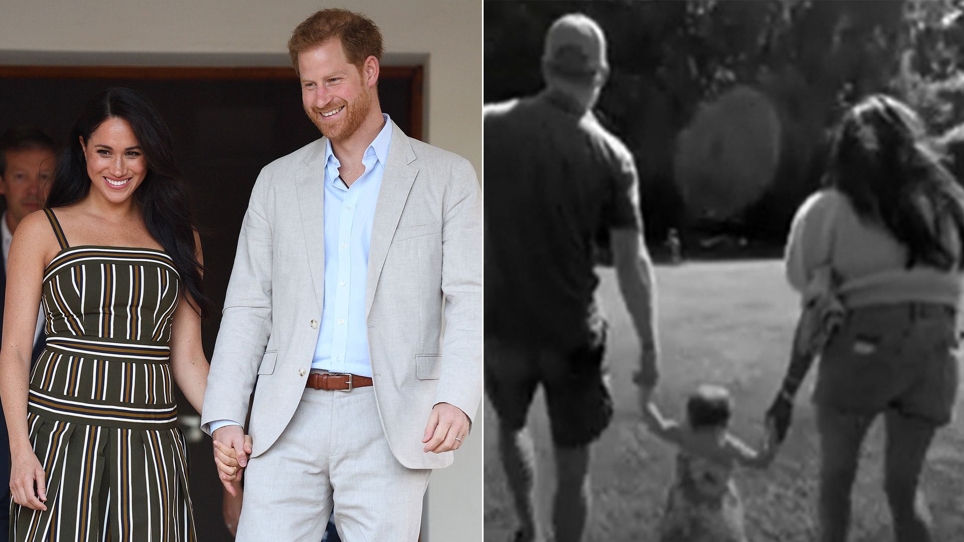 Harry and Meghan smiling and holding hands, and a black and white image of Harry and Meghan holding hands with Lilibet