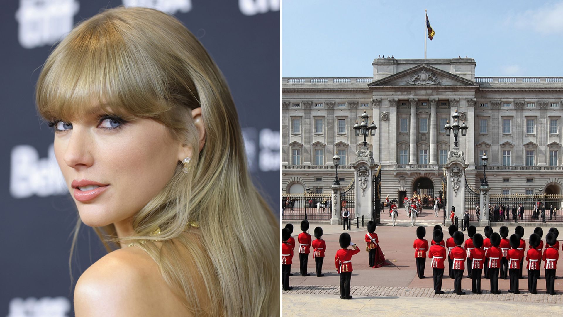 A split image of Taylor Swift and Buckingham Palace