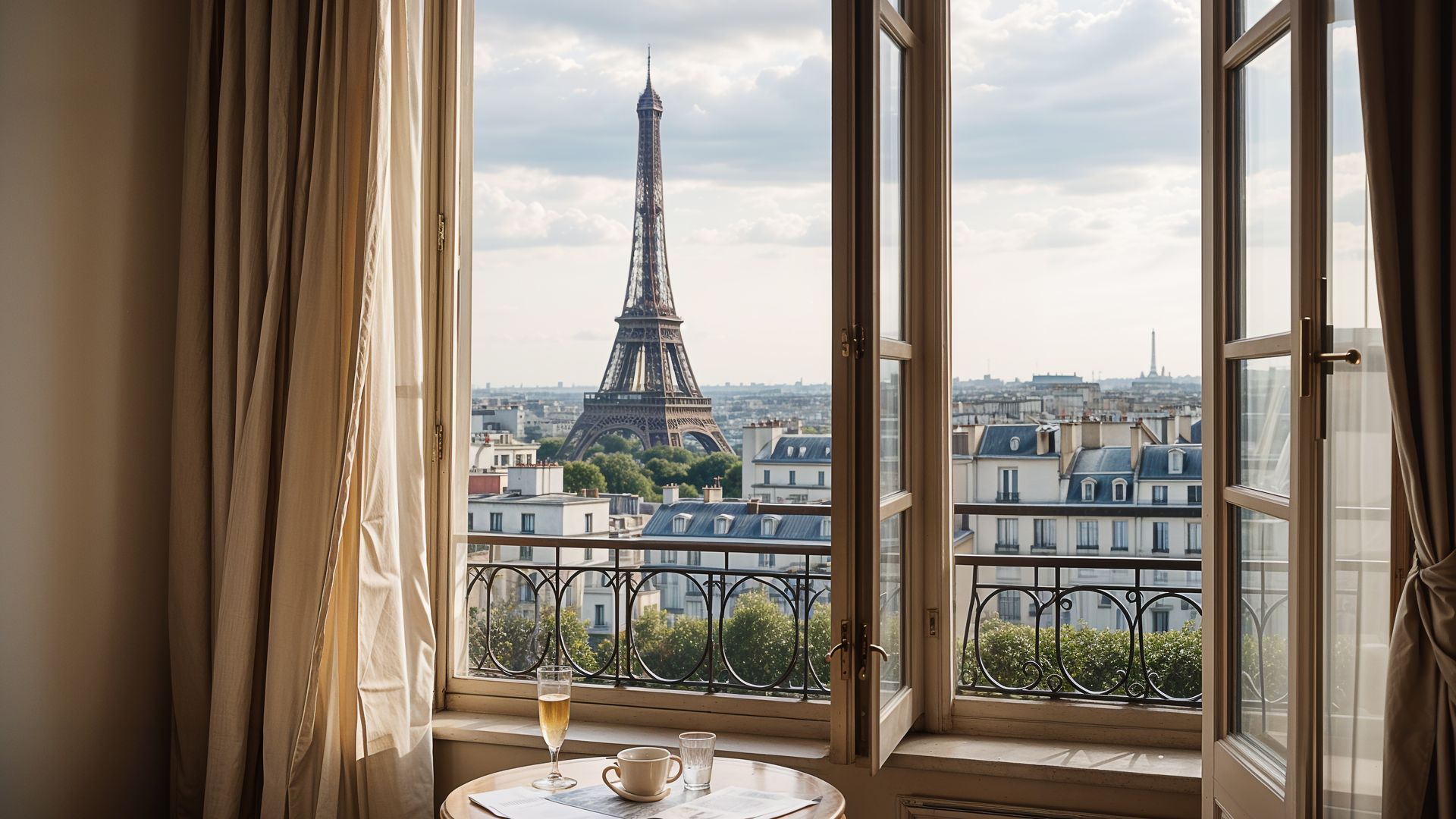 View of the Eiffel Tower from a building window in Paris