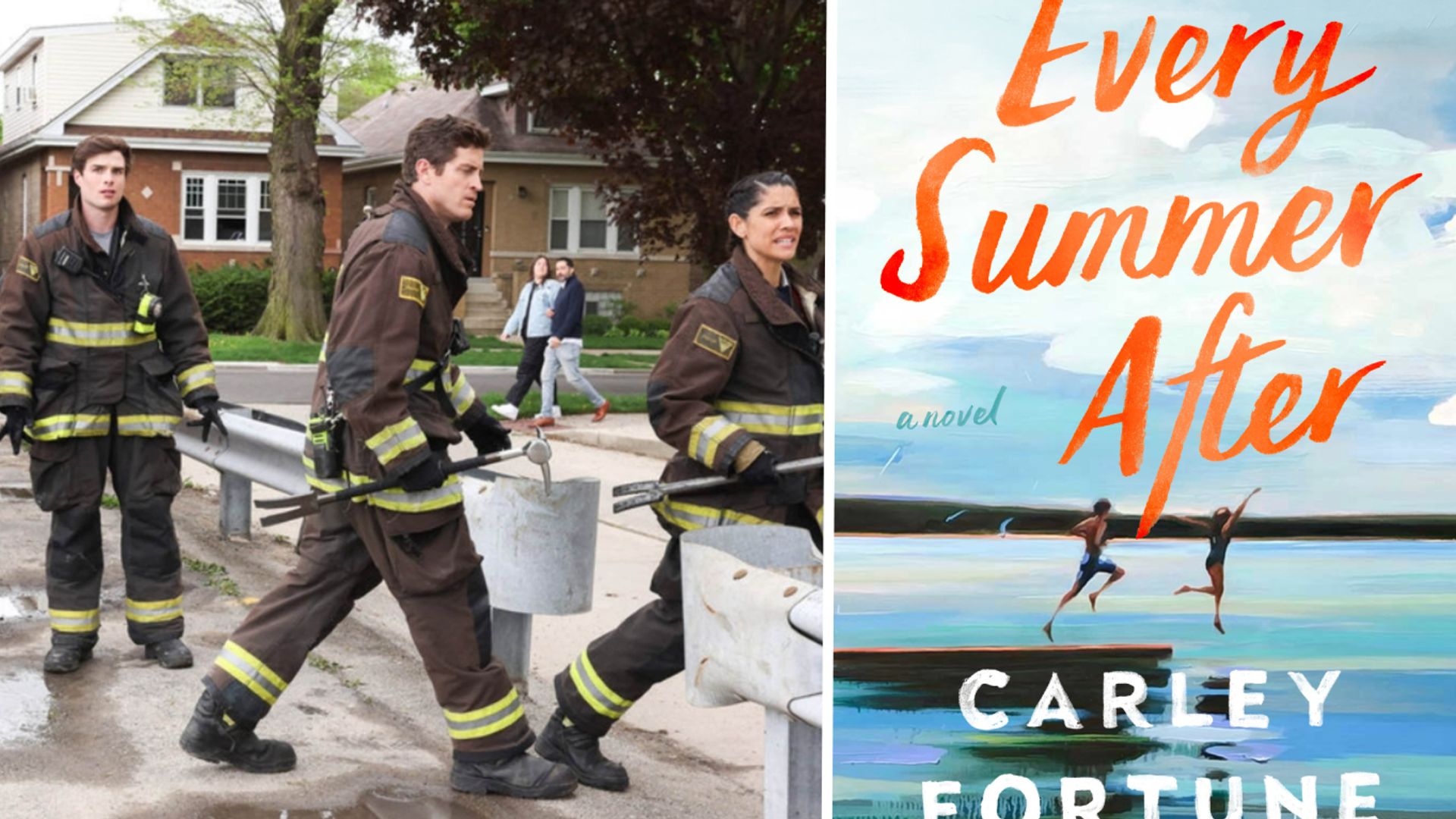Composite image of Chicago Fire still and cover of Every Summer After