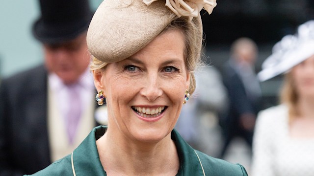 Sophie, Countess of Wessex in deep green dress and cream fascinator