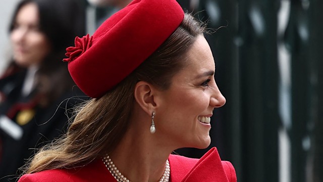 Britain's Catherine, Princess of Wales smiles as she arrives to attend the annual Commonwealth Day service ceremony at Westminster Abbey in London, on March 10, 2025