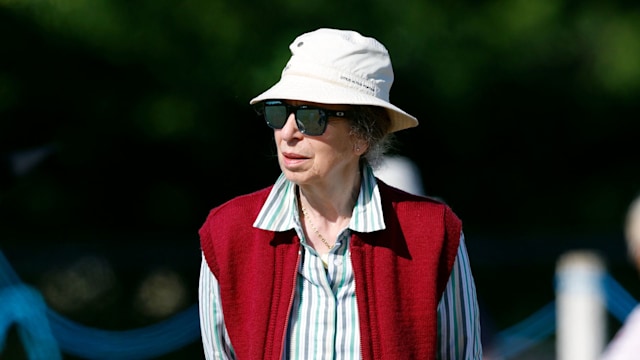 Princess Anne, Princess Royal watches daughter Zara Tindall warm up before competing in the dressage phase of the 2022 Festival of British Eventing at Gatcombe Park on August 6, 2022 in Stroud, England.