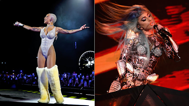 Doja Cat on stage at Coachella 2024; Lady Gaga on stage during her Las Vegas residency "Enigma"