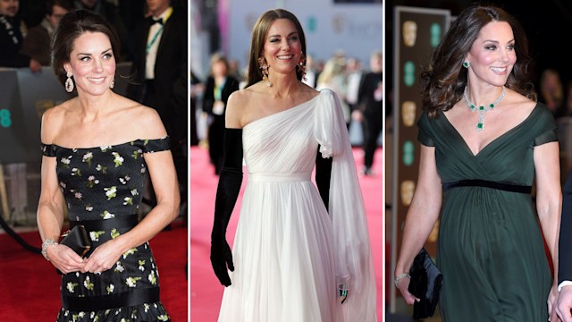 split image showing three photos of Kate Middleton at BAFTAs ceremonies over the years