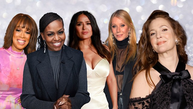 Collage of Gayle King, Michelle Obama, Salma Hayek, Gwyneth Paltrow and Drew Barrymore on a glittery background