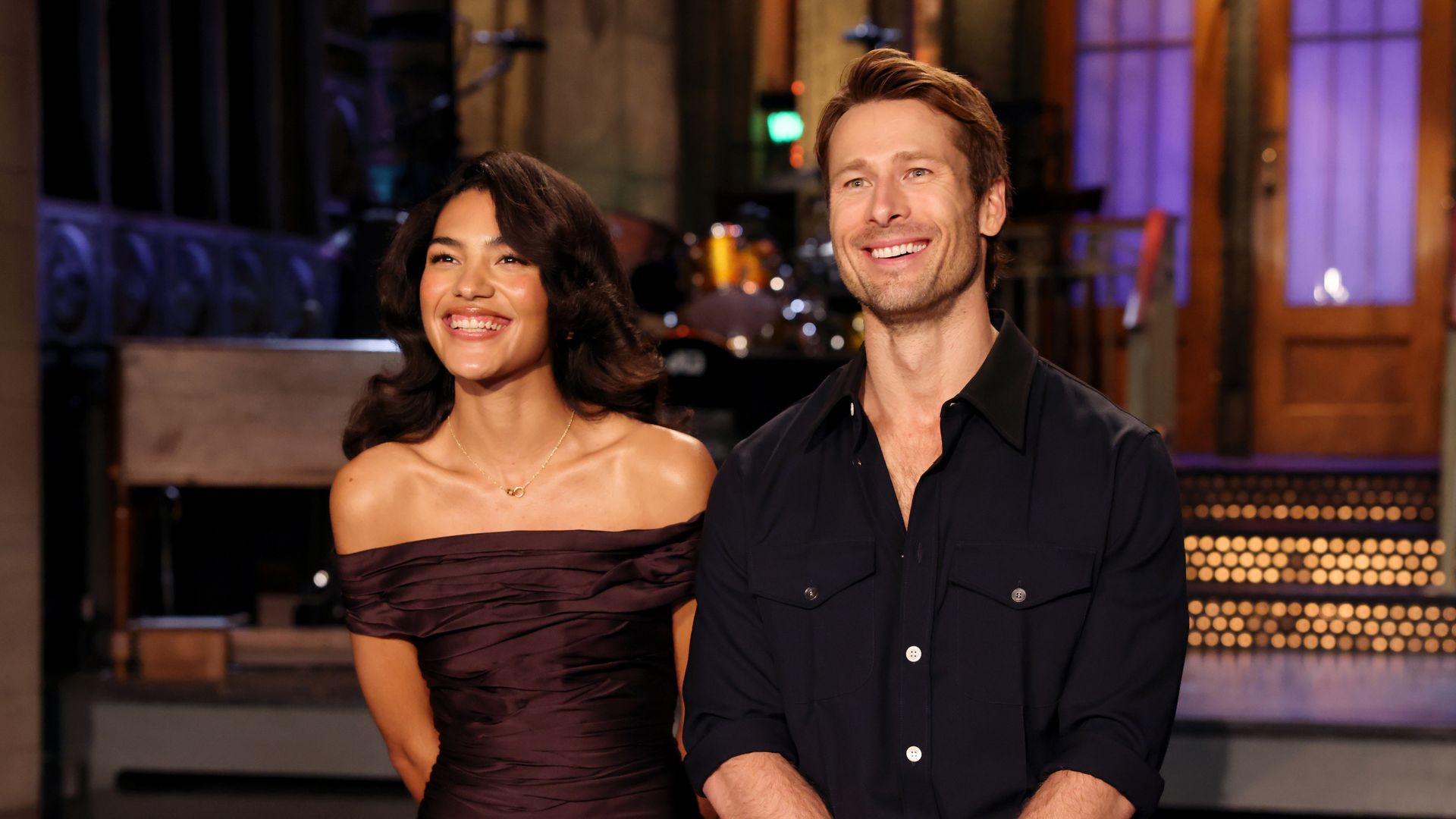 SATURDAY NIGHT LIVE -- Episode 1890 -- Pictured: (l-r) Musical guest Olivia Dean and host Glen Powell during Promos on Thursday, November 13, 2025