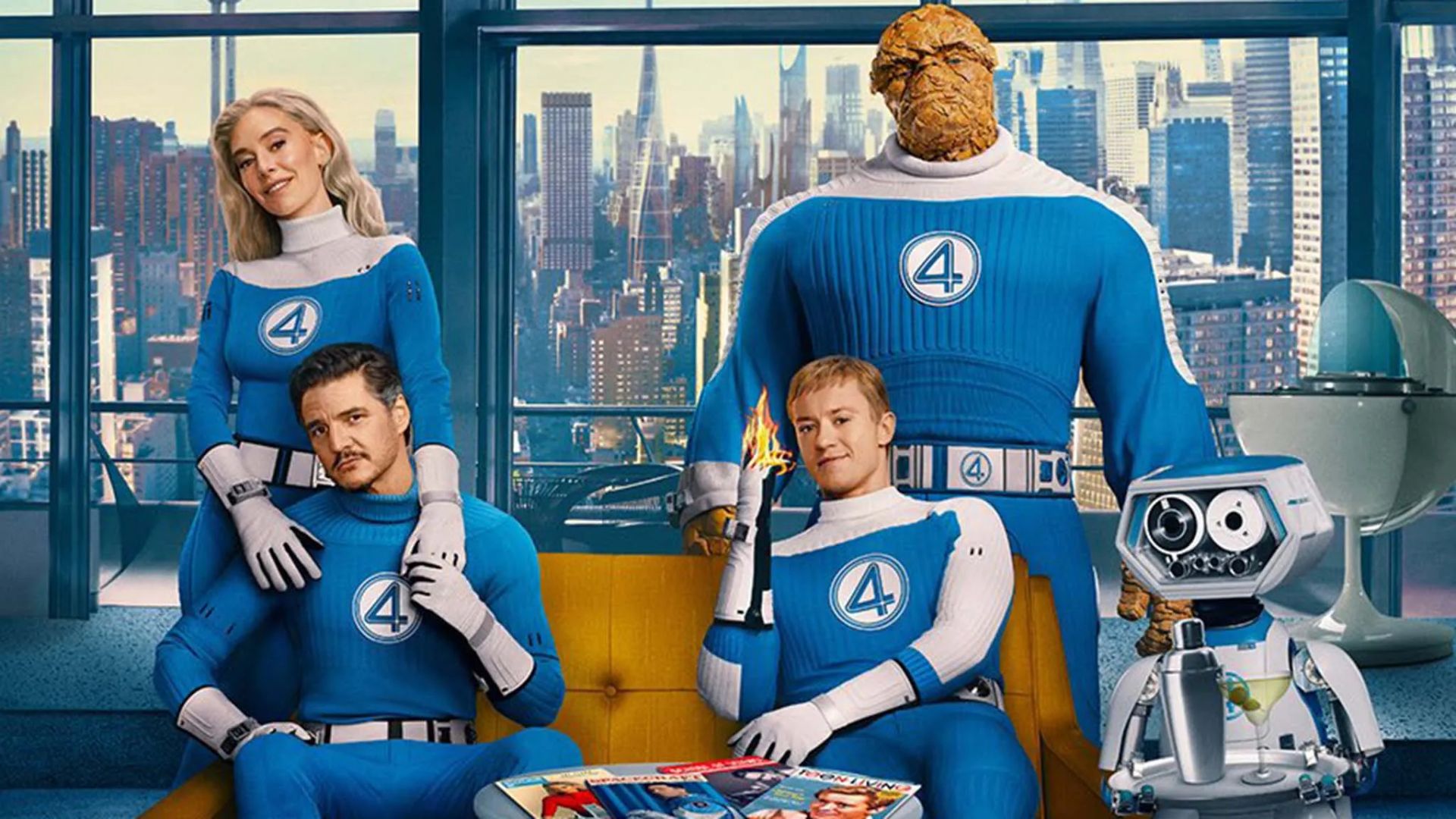 Ebon Moss-Bacharach as The Thing (R), Vanessa Kirby as Sue Storm (2L), Pedro Pascal as Mr Fantastic (L) and Joseph Quinn as Johnny Storm (2R) in a still from Fantastic Four 