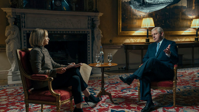 Ruth Wilson as Emily Maitlis interviewing Michael Sheen as Prince Andrew