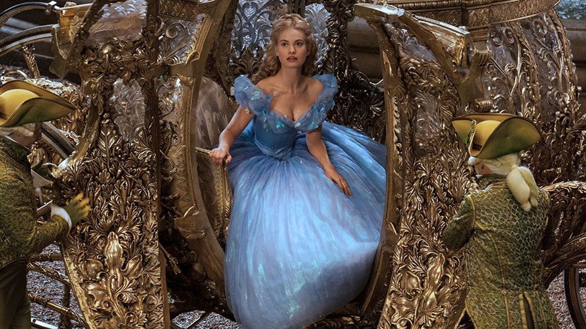 Lily James steps out of pumpkin carriage as Cinderella in the 2015 film