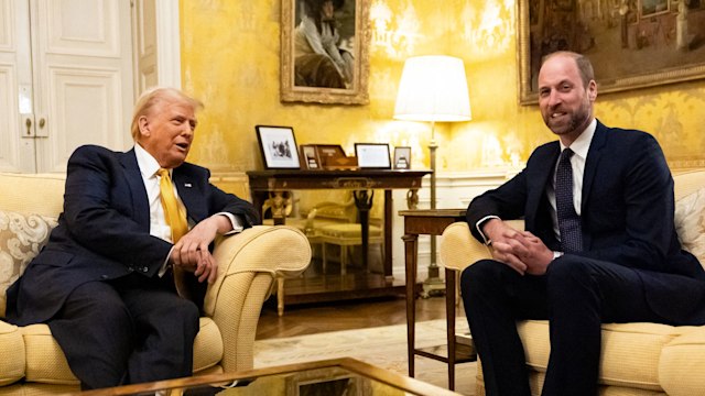 US President-elect Donald Trump (L) meets with Britain's Prince William, Prince of Wales, in the Salon Jaune room at the UK Ambassadors residence in Paris, on December 7, 2024. The US President-elect makes his first international trip since his election win, preparing for a day of intense diplomacy whilst attending the reopening ceremony for the Notre Dame cathedral restored after the 2019 fire. (Photo by Aaron Chown / POOL / AFP) (Photo by AARON CHOWN/POOL/AFP via Getty Images)
