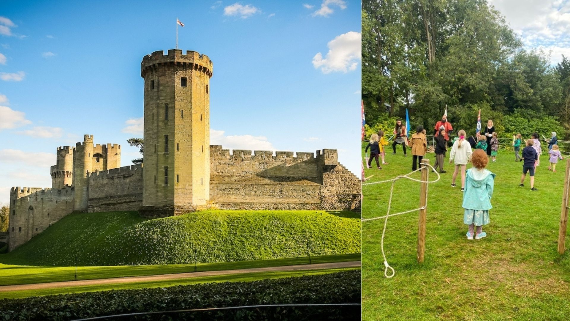 The east front of Warwick Castle in the sun on the left and children in a field on the right